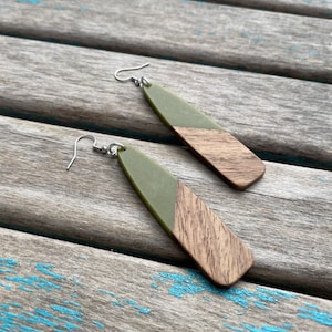 Long Wood and Sage Green Earrings -LARGE Earrings