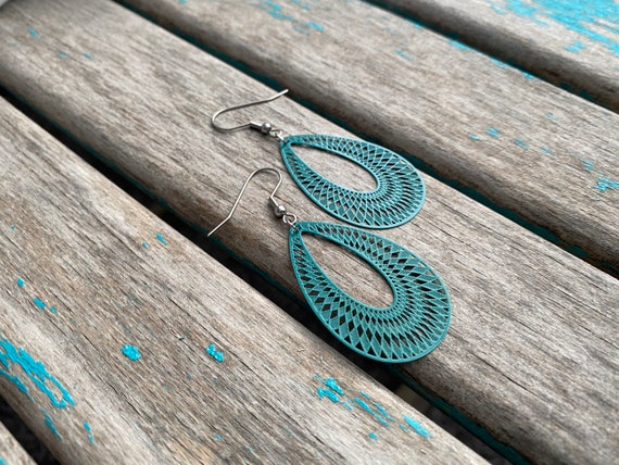 Teal Earrings - Detailed Teardrop- Unique, and Lightweight Earrings
