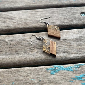 Diamond-Shaped Wood and Clear with Flecks of Gold- Earrings