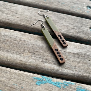 Long Wood and Green Acrylic Earrings with Dot Details
