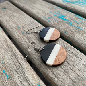 Wood, Black, and White Acrylic Earrings