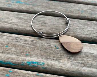 Wood and Pale Peachy/Pink Charm Bracelet- Adjustable Bangle Bracelet with Wood and Acrylic/Resin Charm