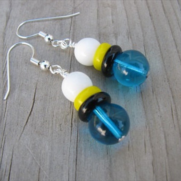 Turquoise Blue, Black, Yellow, and White Glass Beaded Earrings