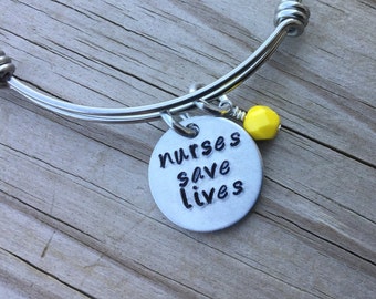 Nurse Inspiration Bracelet- Hand-Stamped "nurses save lives" Bracelet with an accent bead in your choice of colors