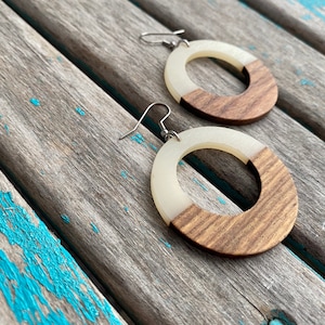 Large Wood and Cloudy White Acrylic Earrings- Large Circle Style