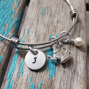 Teapot Bangle Bracelet- Adjustable Bangle Bracelet with Hand-Stamped Initial, Teapot Charm, and an accent bead of choice