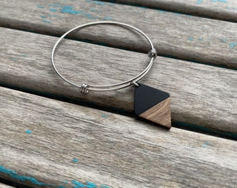 Wood and Black Diamond-Shaped Charm Bracelet- Adjustable Bangle Bracelet with Wood and Acrylic/Resin Charm