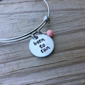 Born to Run Bracelet: Hand-Stamped Stainless Steel Bangle with Accent Bead