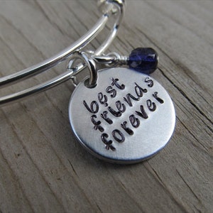 Friendship Bracelet- Hand-Stamped &quot;best friends forever&quot; with a birthstone or accent bead of your choice- Adjustable Bangle Bracelet