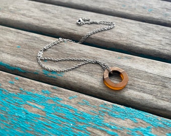 Wood and Orange Small, Ring-Style Pendant Necklace