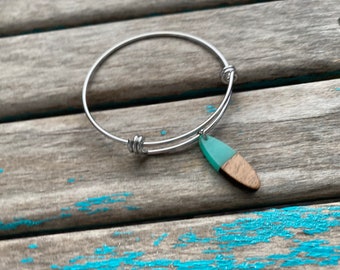 Wood and Mint Green Charm Bracelet- Adjustable Bangle Bracelet with Wood and Acrylic/Resin Charm