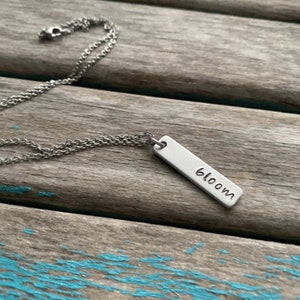 Bloom Necklace: Hand-Stamped Rectangle Pendant, Stainless Steel Chain