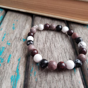 Stone Beaded Bracelet: Brecciated Jasper, Howlite & Snowflake Obsidian