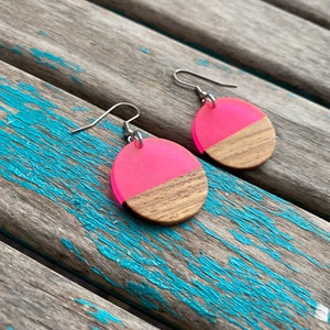 Wood, Neon Pink Acrylic Earrings