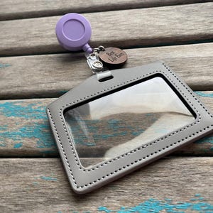 Leather Badge Reel: Engraved Wood Charm, Alligator Clip