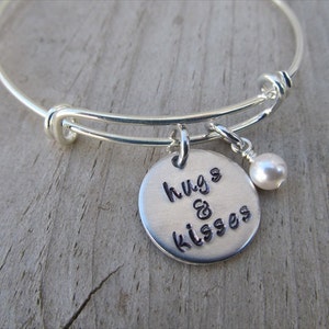 Hugs and Kisses Bracelet- Inspiration Bracelet- Hand-Stamped &quot;hugs & kisses&quot; Bracelet with an accent bead in your choice of colors