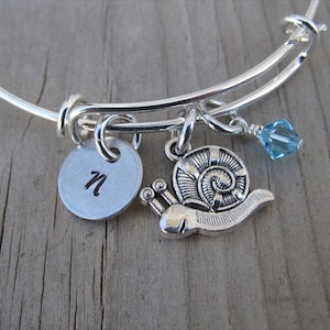 Snail Charm Bangle Bracelet: Personalized Initial, Birthstone Bead