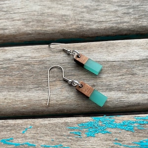 Wood and Mint Rectangle-Shaped Acrylic Earrings- Small Earrings