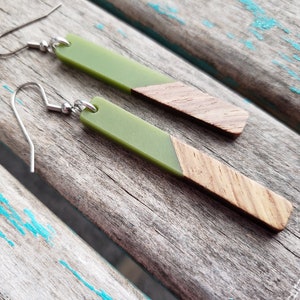 Long Wood and Green Acrylic Earrings