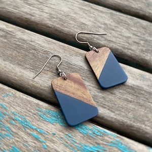 SALE- Rectangle Wood and Blue Acrylic Earrings