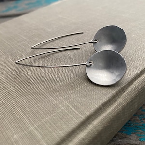 Hammered Aluminum Circle Earrings: Long Stainless Steel Hook, Modern Drop