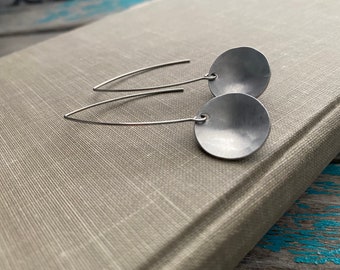 Hammered Aluminum Circle Earrings: Long Stainless Steel Hook, Modern Drop