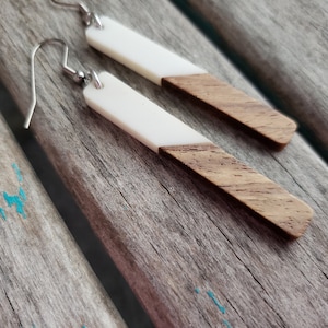 Long Wood and Creamy White Acrylic Earrings