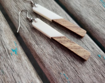 Long Wood and Creamy White Acrylic Earrings