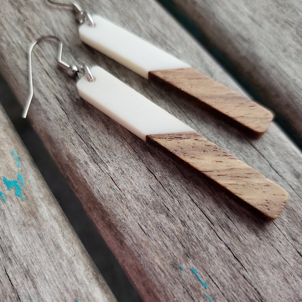 Long Wood and Creamy White Acrylic Earrings