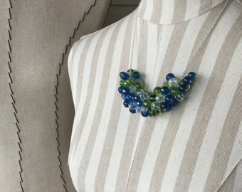 Blue, Green Statement Necklace- Beaded Cluster Necklace in Blue, Green, and Clear - Unique Beaded Statement Necklace- only 1 available