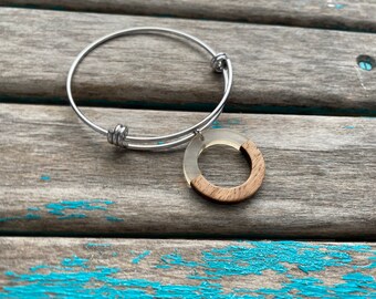 Wood and Clear Open Circle Charm Bracelet- Adjustable Bangle Bracelet with Wood and Acrylic/Resin Charm