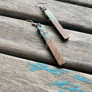 Long Wood and Green, Black, and Gold Speckled Acrylic Earrings