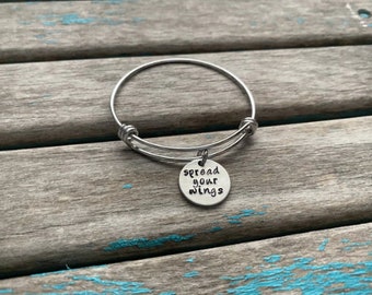 Quote Bracelet- "spread your wings" pendant on a stainless steel adjustable bangle bracelet- Only 1 Available- Clearance Bracelet