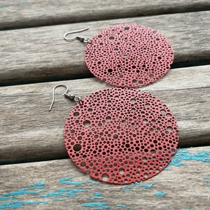 Red Earrings - Detailed Large, Swiss Cheese-Style Drop- Unique, and Lightweight Earrings