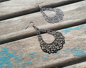 Black Earrings - Scrolled Teardrop- Unique, and Lightweight Earrings