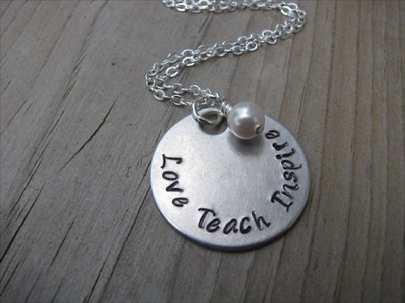 Gift for Teacher Love Teach Inspire Hand-stamped with an accent bead of your choice image 1