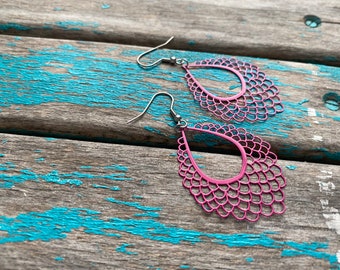 Deep Fuchsia Pink Earrings - Scalloped Detail Teardrop- Unique, and Lightweight Earrings