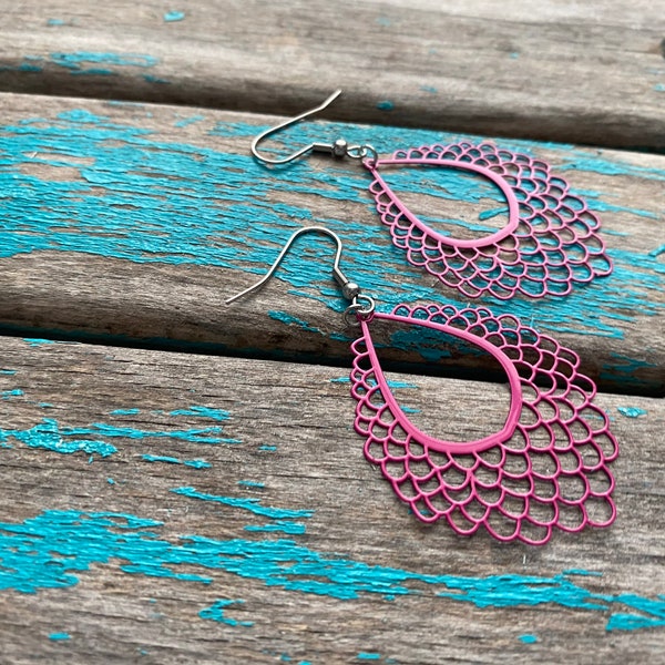 Deep Fuchsia Pink Earrings - Scalloped Detail Teardrop- Unique, and Lightweight Earrings