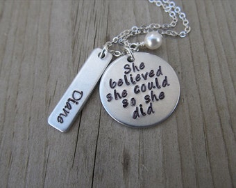 Personalized Inspiration Necklace, Graduation Necklace- "She believed she could so she did" with rectangle with name and an accent bead