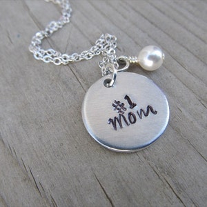Mom Necklace- Gift for Mom- Hand Stamped Necklace- &quot;#1 Mom&quot; with an accent bead of your choice