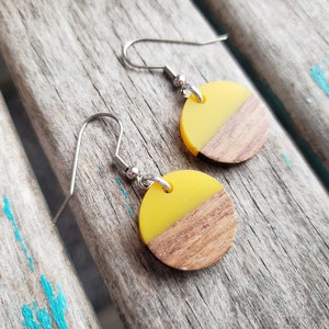 Wood and Yellow Coin-Shaped Acrylic Earrings