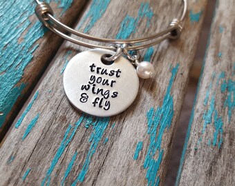 Trust Your Wings Bangle Bracelet: Inspirational Stainless Steel Jewelry