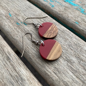 Wood and Red Coin-Shaped Acrylic Earrings
