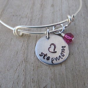 Hand Stamped Stepmom Bangle Bracelet with Birthstone Bead