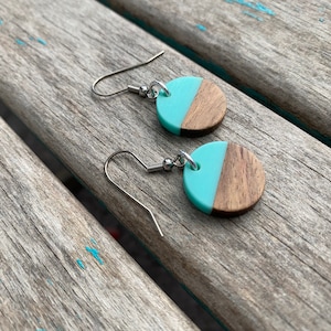 Wood and Turquoise Coin-Shaped Acrylic Earrings