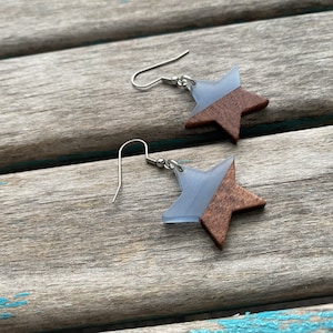 Wood and Blue Star-Shaped Earrings