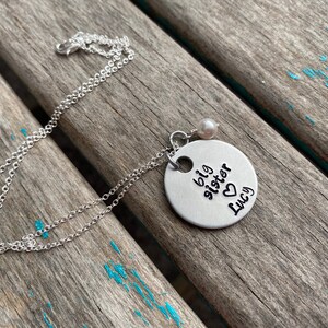 Personalized Big Sister Necklace: Hand-Stamped Aluminum Pendant, Birthstone Bead