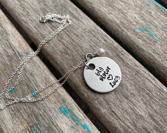 Personalized Big Sister Necklace- hand-stamped "big sister" with a name of your choice and accent bead - Personalized Gift