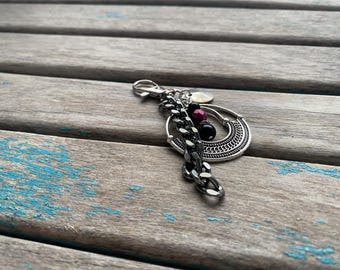 Maroon Bag Charm- Beaded Keychain or Purse/Bag Charm- Maroon, Black,, and Silver - ONE OF A KIND