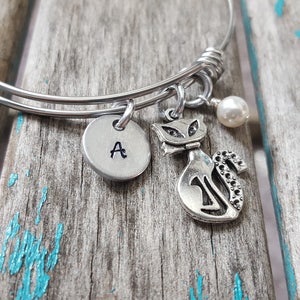 Cat Bangle Bracelet- Adjustable Bangle Bracelet with Hand-Stamped Initial, Cat Charm, and an accent bead of choice